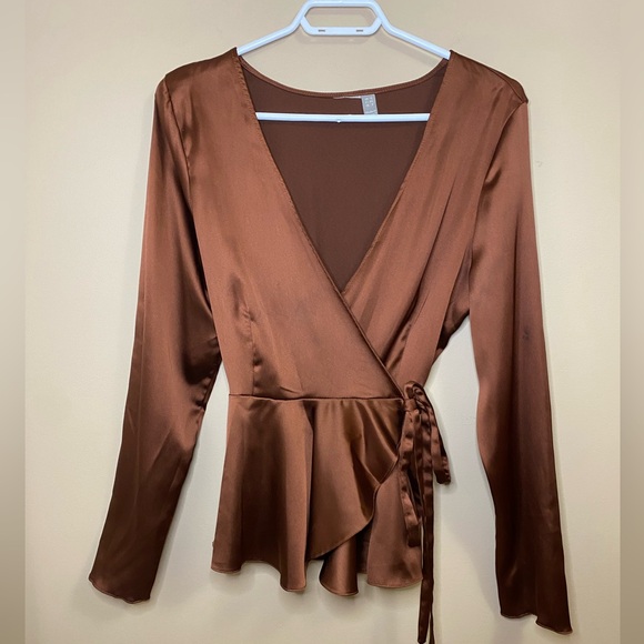 Tops - Brown Satin Wrap Peplum Top